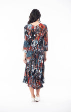 Load image into Gallery viewer, Orientique Poseidon Navy &amp; Rust Mix Printed Crinkle 3/4 Sleeve Godet Midi Dress - Boutique on the Green 

