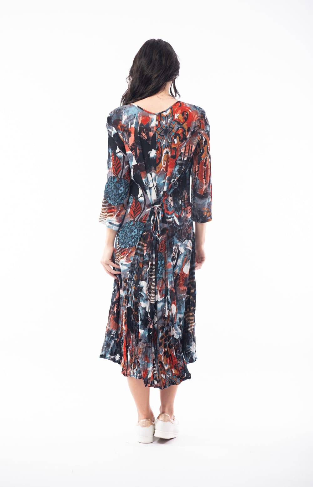 Orientique Poseidon Navy & Rust Mix Printed Crinkle 3/4 Sleeve Godet Midi Dress - Boutique on the Green 