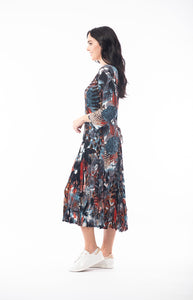 Orientique Poseidon Navy & Rust Mix Printed Crinkle 3/4 Sleeve Godet Midi Dress - Boutique on the Green 