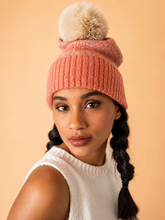 Load image into Gallery viewer, Powder Patterned Thora Bobble Hat - Coral &amp; Taupe
