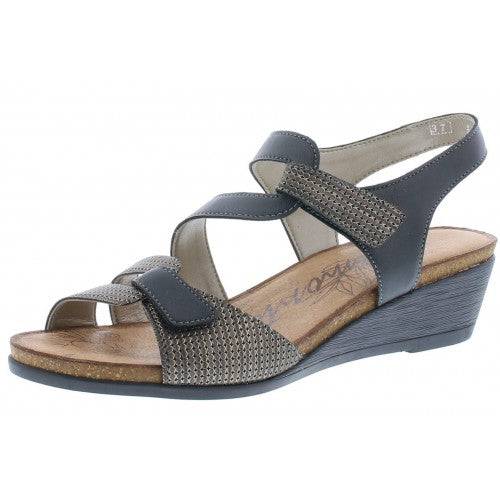 Remonte black & pewter double strap velcro wedge sandal