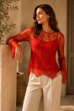 Load image into Gallery viewer, Saint Tropez sheer lace stretch blouse with fluted sleeves and attached cami, elegant and lightweight women's top.
