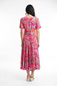 Orientique Symi Print Crinkle Short Sleeve Godet Midi Dress