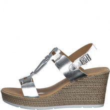 Load image into Gallery viewer, Marco Tozzi silver leather t-bar platform wedge
