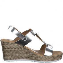 Load image into Gallery viewer, Marco Tozzi silver leather t-bar platform wedge
