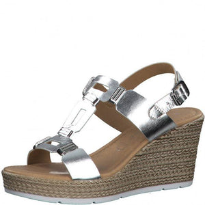 Marco Tozzi silver leather t-bar platform wedge