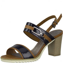 Load image into Gallery viewer, Marco Tozzi patent navy &amp; tan double strap block heel shoe
