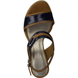Marco Tozzi patent navy & tan double strap block heel shoe