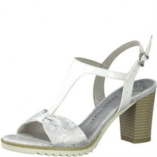 Load image into Gallery viewer, Marco Tozzi white snake &amp; patent t-bar block heel shoe

