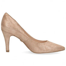Load image into Gallery viewer, Caprice leather beige &amp; rose gold snake print pointed heeled shoe
