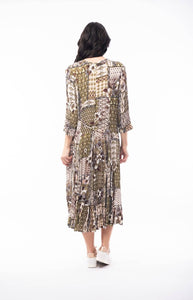 Orientique Zeus Olive Green Mix Printed Crinkle 3/4 Sleeve Godet Midi Dress - Boutique on the Green 