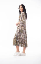 Load image into Gallery viewer, Orientique Zeus Olive Green Mix Printed Crinkle 3/4 Sleeve Godet Midi Dress - Boutique on the Green 
