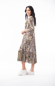 Orientique Zeus Olive Green Mix Printed Crinkle 3/4 Sleeve Godet Midi Dress - Boutique on the Green 