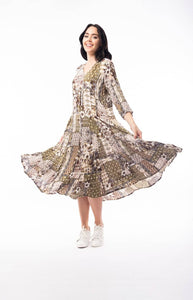 Orientique Zeus Olive Green Mix Printed Crinkle 3/4 Sleeve Godet Midi Dress - Boutique on the Green 