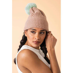 Powder Kintted & Ribbed Ingrid Bobble Hat - Taupe & Aqua - Boutique on the Green 