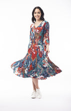Load image into Gallery viewer, Orientique Apollo Blue &amp; Red Mix Printed Crinkle 3/4 Sleeve Godet Midi Dress - Boutique on the Green 
