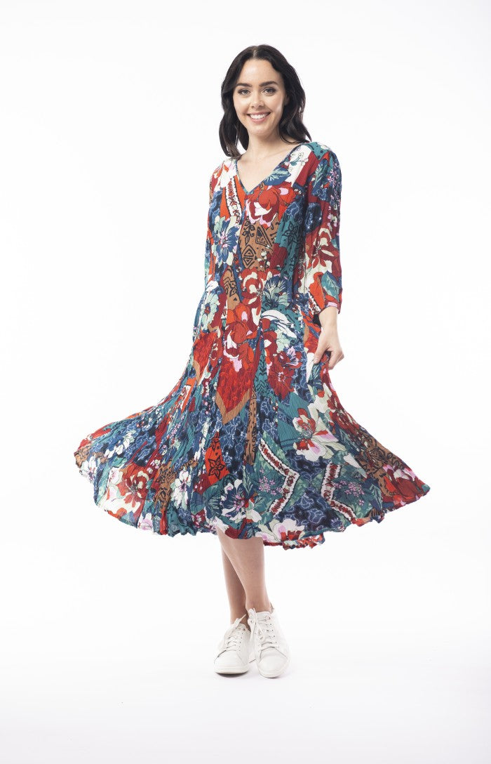 Orientique Apollo Blue & Red Mix Printed Crinkle 3/4 Sleeve Godet Midi Dress - Boutique on the Green 