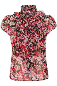 Saint Tropez Lilly Floral Ruffle Front Short Sleeve Woven Blouse