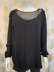 Black crepe sheer floaty blouse with metallic embroidery at neck with frill at shoulder & long sleeve. Cami underneath sold separately