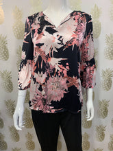 Load image into Gallery viewer, Black &amp; floral print slinky loose blouse with open neckline with fluted 3/4 sleeve
