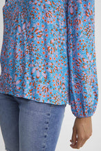 Load image into Gallery viewer, BYoung Flouri Blue Floral Print V Neck Cuff Long Sleeve Blouse - Boutique on the Green 
