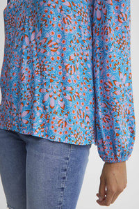 BYoung Flouri Blue Floral Print V Neck Cuff Long Sleeve Blouse - Boutique on the Green 