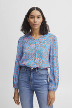 Load image into Gallery viewer, BYoung Flouri Blue Floral Print V Neck Cuff Long Sleeve Blouse - Boutique on the Green 
