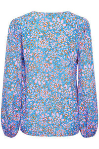 BYoung Flouri Blue Floral Print V Neck Cuff Long Sleeve Blouse - Boutique on the Green 