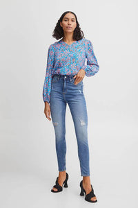 BYoung Flouri Blue Floral Print V Neck Cuff Long Sleeve Blouse - Boutique on the Green 