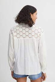 BYoung Ibisa Off White Pure Cotton Long Sleeve Pintuck & Crochet Detailed Shirt