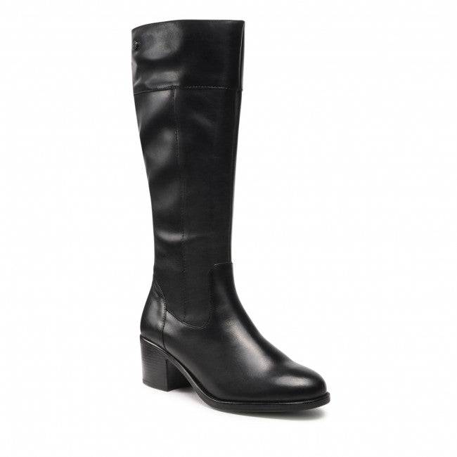 Caprice Black Leather Block Heel Knee High Boot