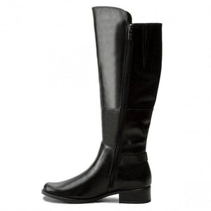 Caprice Black Leather Mix Flat Knee High Extra Wide Boot