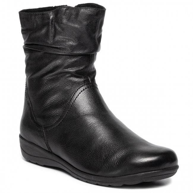 Caprice Black Soft Leather Warm Lined Rouched Ankle Boot