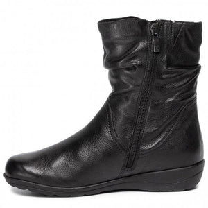 Caprice Black Soft Leather Warm Lined Rouched Ankle Boot