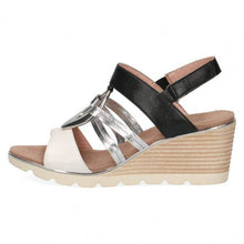 Load image into Gallery viewer, Caprice black &amp; white leather strappy wedge with silver hoop detail

