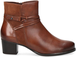 Caprice Leather Cognac Heeled Ankle Boot With Wrap Trim - Boutique on the Green 