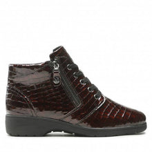 Load image into Gallery viewer, Caprice Leather Patent Bordeaux Moc Croc Lace &amp; Zip Ankle Boot
