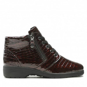 Caprice Leather Patent Bordeaux Moc Croc Lace & Zip Ankle Boot