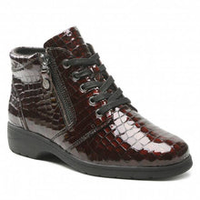 Load image into Gallery viewer, Caprice Leather Patent Bordeaux Moc Croc Lace &amp; Zip Ankle Boot
