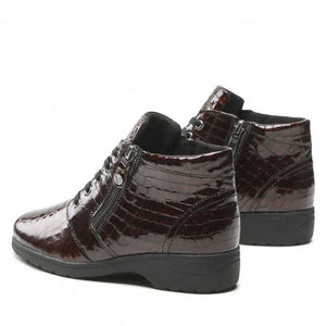 Caprice Leather Patent Bordeaux Moc Croc Lace & Zip Ankle Boot