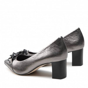 Caprice Leather Pewter Pointed Toe Block Heel Court Shoe With Chain Trim