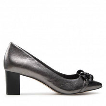 Load image into Gallery viewer, Caprice Leather Pewter Pointed Toe Block Heel Court Shoe With Chain Trim
