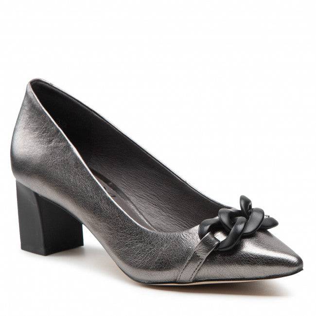 Caprice Leather Pewter Pointed Toe Block Heel Court Shoe With Chain Trim