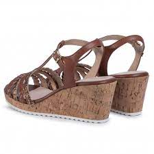 Caprice leather plaited t-bar open toe cork wedge with platform