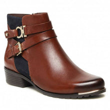 Load image into Gallery viewer, Caprice Leather &amp; Suede Cognac &amp; Navy Multi Strap Flat Ankle Boot
