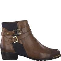 Load image into Gallery viewer, Caprice Leather &amp; Suede Cognac &amp; Navy Multi Strap Flat Ankle Boot
