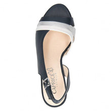 Load image into Gallery viewer, Caprice Navy Leather Open Toe Slingback Snake Trim Block Heel
