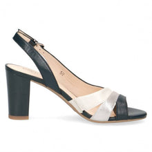 Load image into Gallery viewer, Caprice Navy Leather Open Toe Slingback Snake Trim Block Heel
