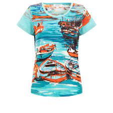 Orientique Organic Cotton VNeck Boats Print Short Sleeve T-Shirt - Boutique on the Green 
