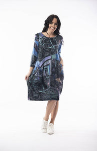 Orientique Italy Blue Mix Pure Cotton Jersey 3/4 Sleeve Panel Bubble Dress - Boutique on the Green 